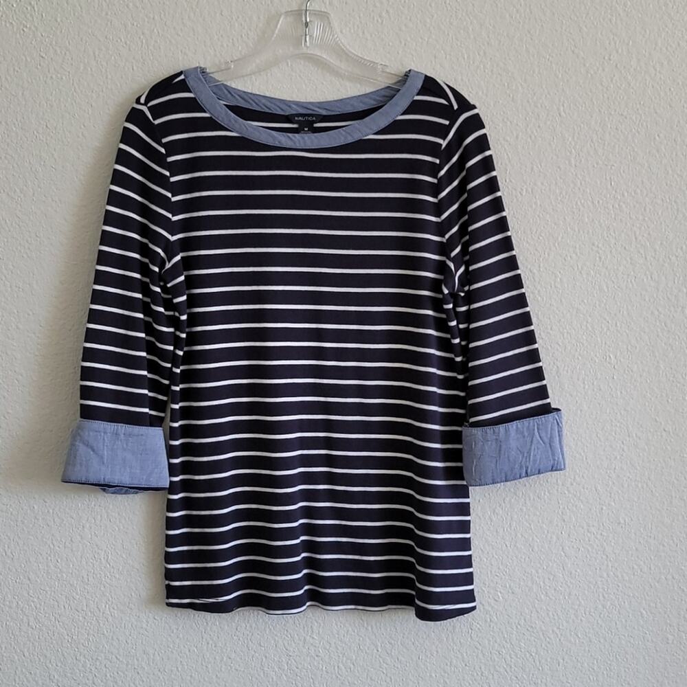 NAUTICA Top Tee Striped Chambray 3/4 Sleeve Cuffs Nautical Size Medium Navy